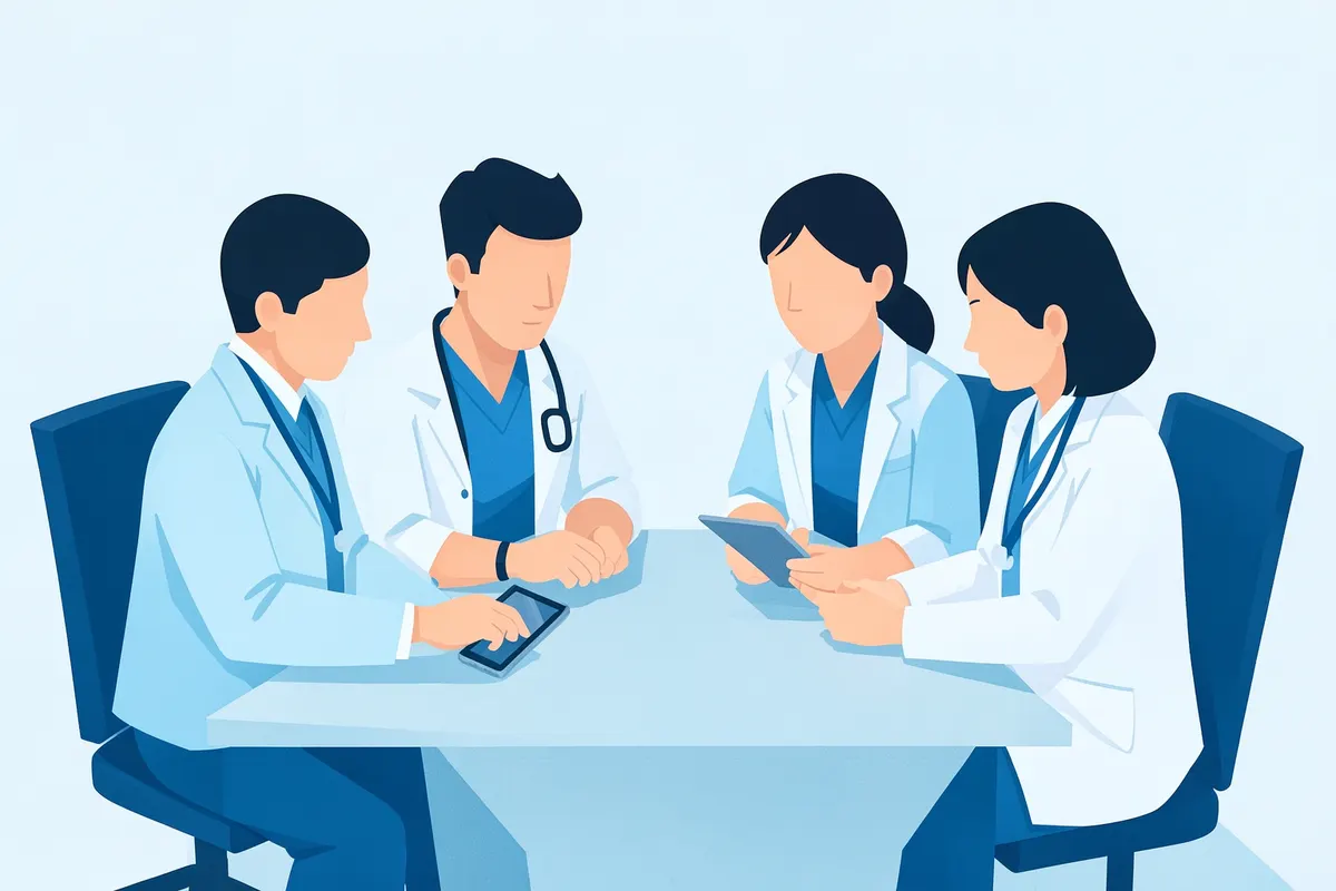A diverse group of medical professionals collaborating around a table, discussing marketing strategies.