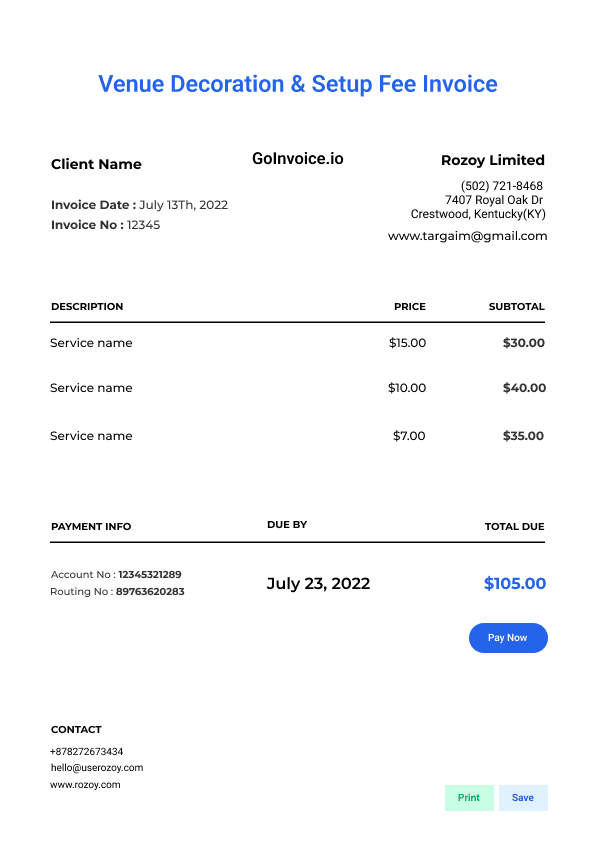 Venue Decoration & Setup Fee Invoice