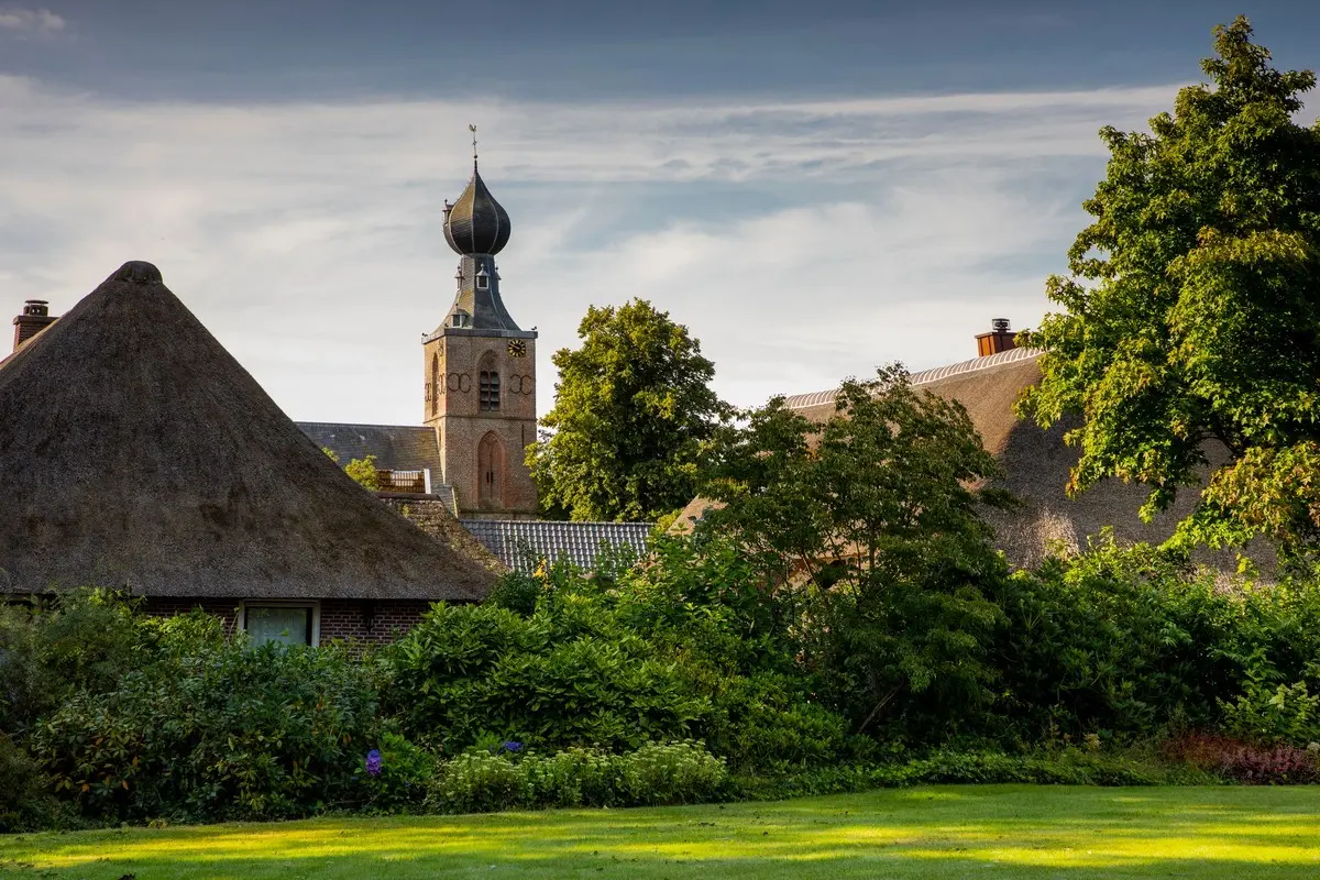 Uitzicht op de iconische kerktoren van brinkdorp Dwingeloo