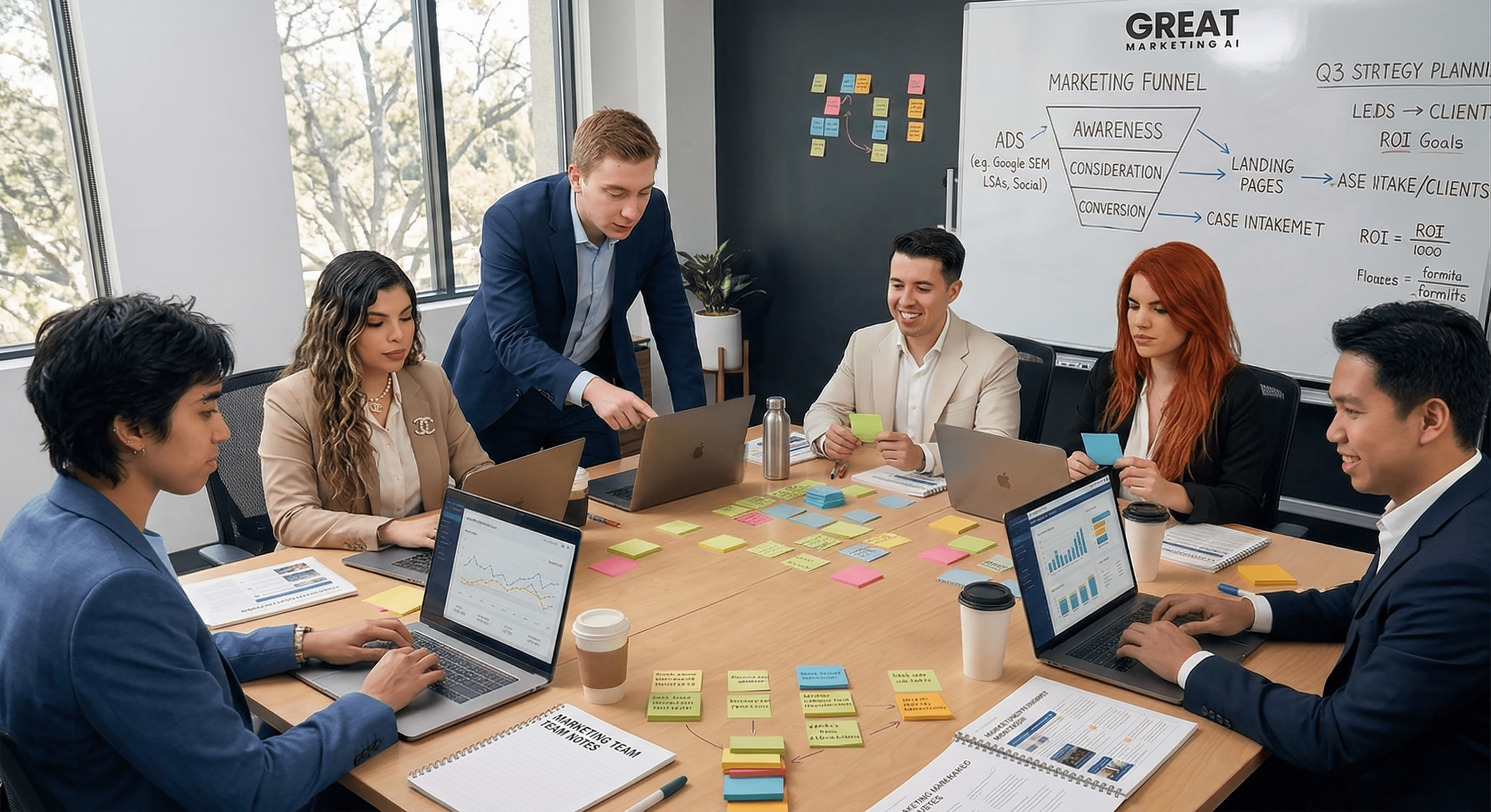 Marketing team reviewing competitor research and planning personal injury lawyer ads campaign strategy.png