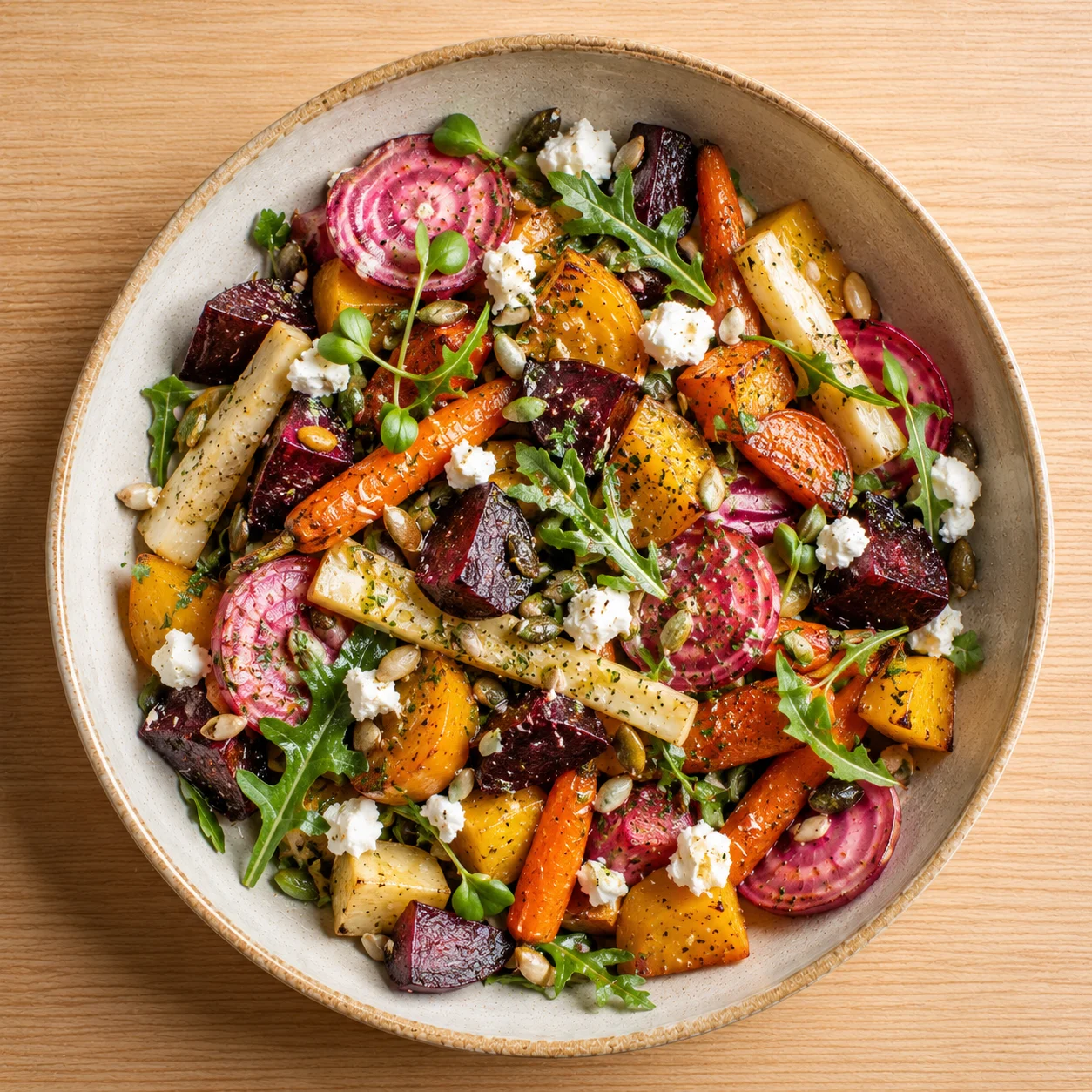 Root Vegetable Salad: Carrot, radish, beet, labneh, pistachio, mint.