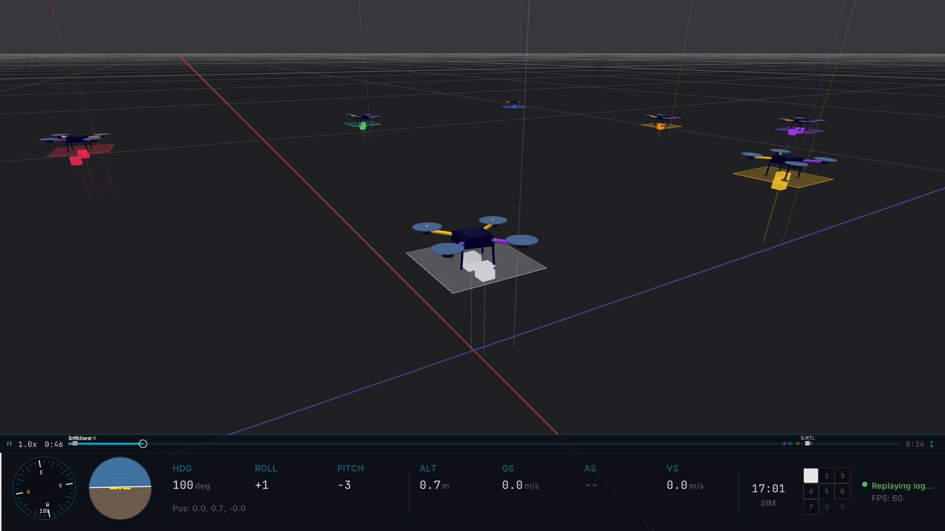 Formation mode: drones rendered at their real GPS positions with colored home markers