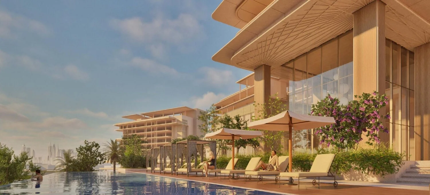 Upscale poolside lounge with private cabanas and city views. Experience elite amenities with our realty services.