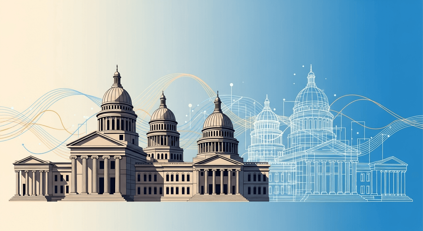 Abstract illustration of government buildings from multiple countries connected by glowing blockchain lines representing tokenized bonds