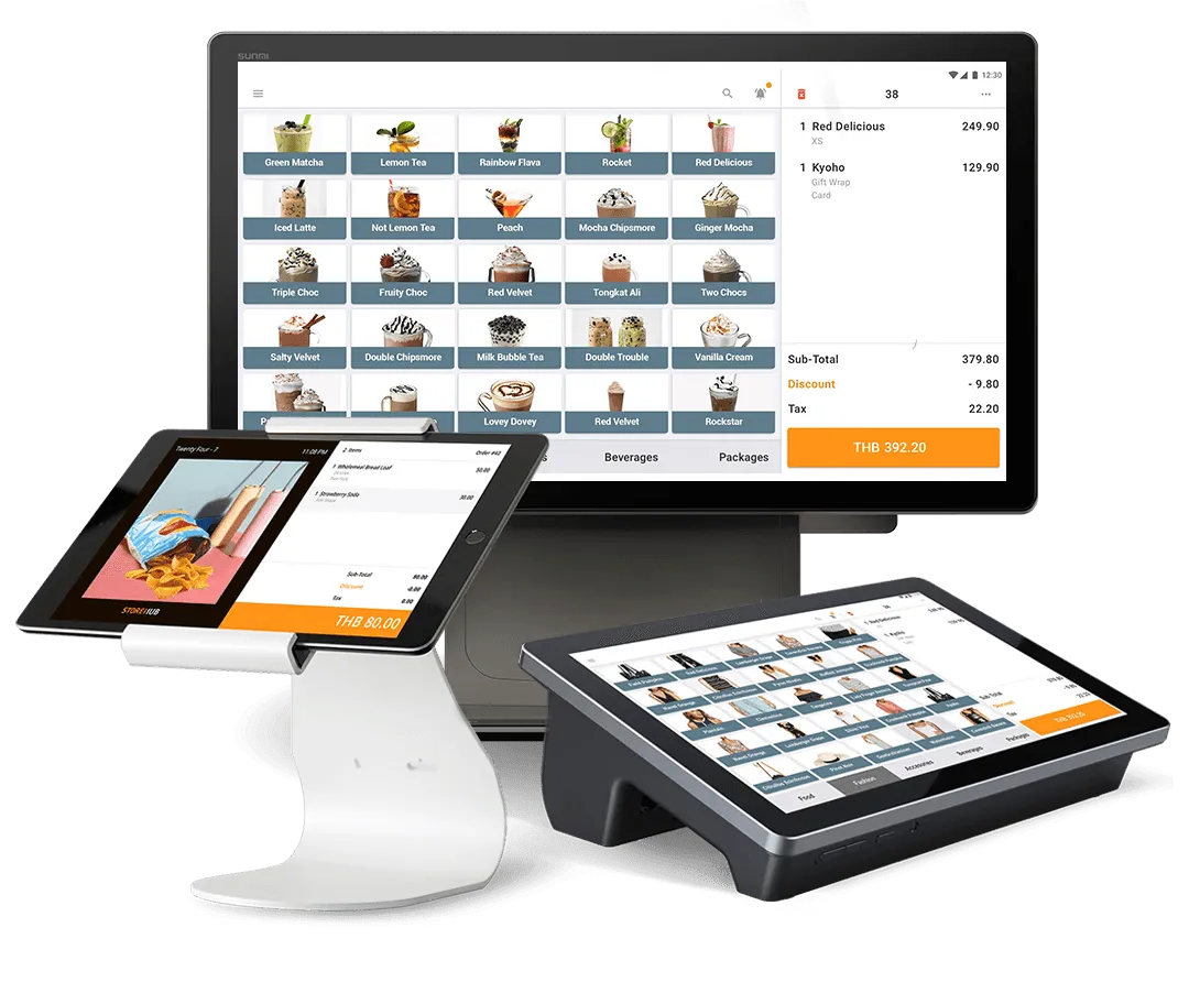 StoreHub POS hardware including touchscreen terminal and customer-facing display.