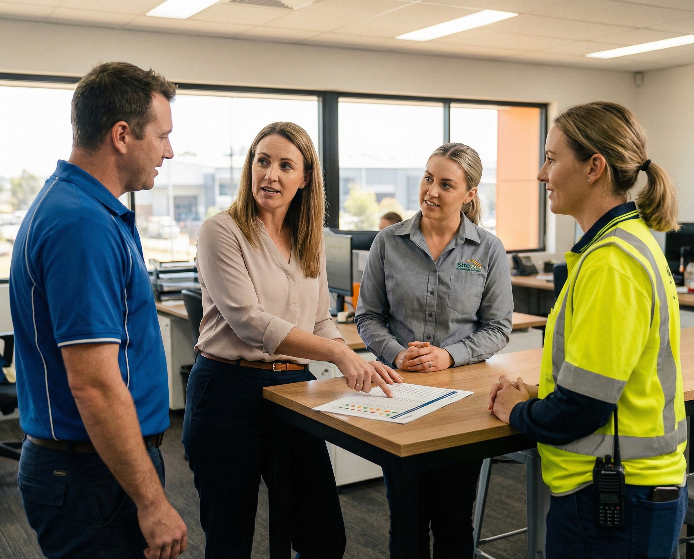 A regional WHS manager in her early 40s conducting a fifteen-minute stand-up meeting with three site-level safety representatives in a large manufacturing company's regional office. The four are standing around a high bench table — no chairs, no laptops, just a single printed action tracker between them on the table showing a structured list of psychosocial controls with owner initials, site codes, due dates, and status indicators — visible in layout and colour but not legible. Each safety rep is from a different site — their clothing subtly different: one in a blue work polo, one in a grey collared shirt with a different site's name embroidered, one in hi-vis with a radio clipped to her belt. The regional manager is pointing at a specific line on the tracker, asking a direct question. The safety rep whose initials are beside that line is answering.