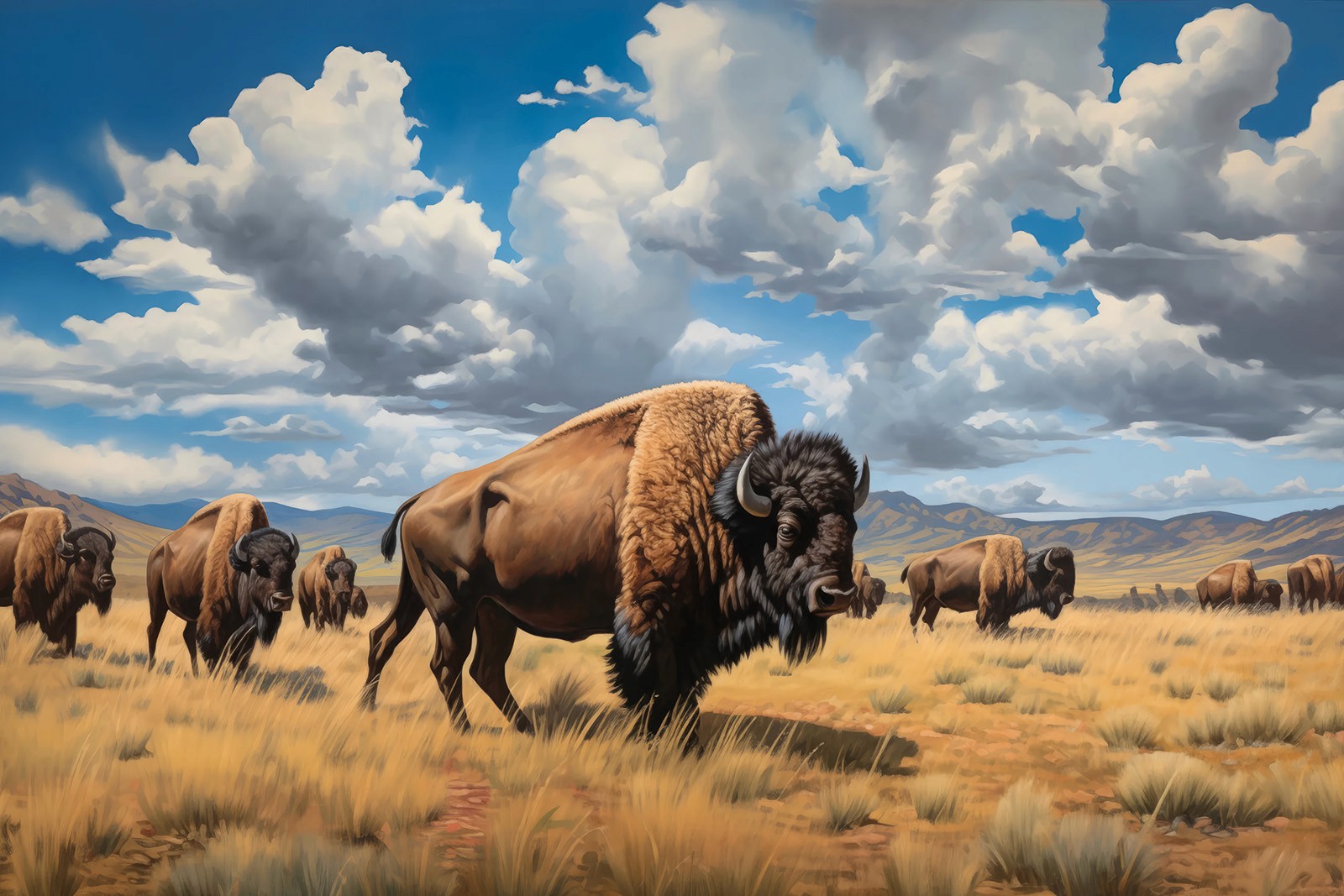 Folk Fable AI bison on plains painting print