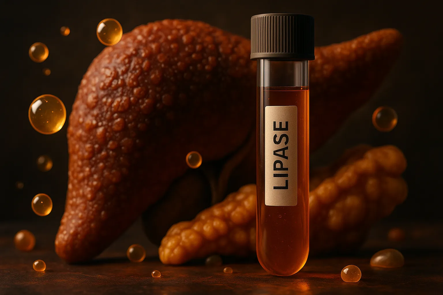 Lipase blood test vial with stylized pancreas and floating droplets.