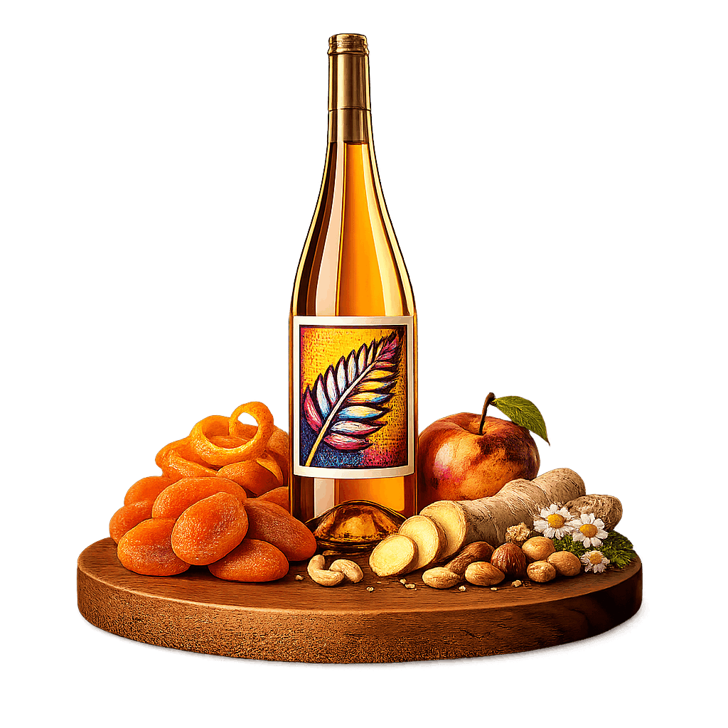 Artistic label and flavor profile for New Zealand Orange Wine on a rustic wooden table.