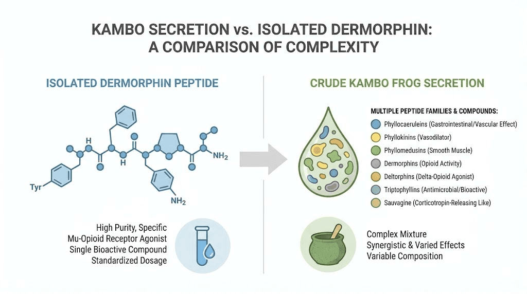 Dermorphin pure peptide versus Kambo frog secretion comparison