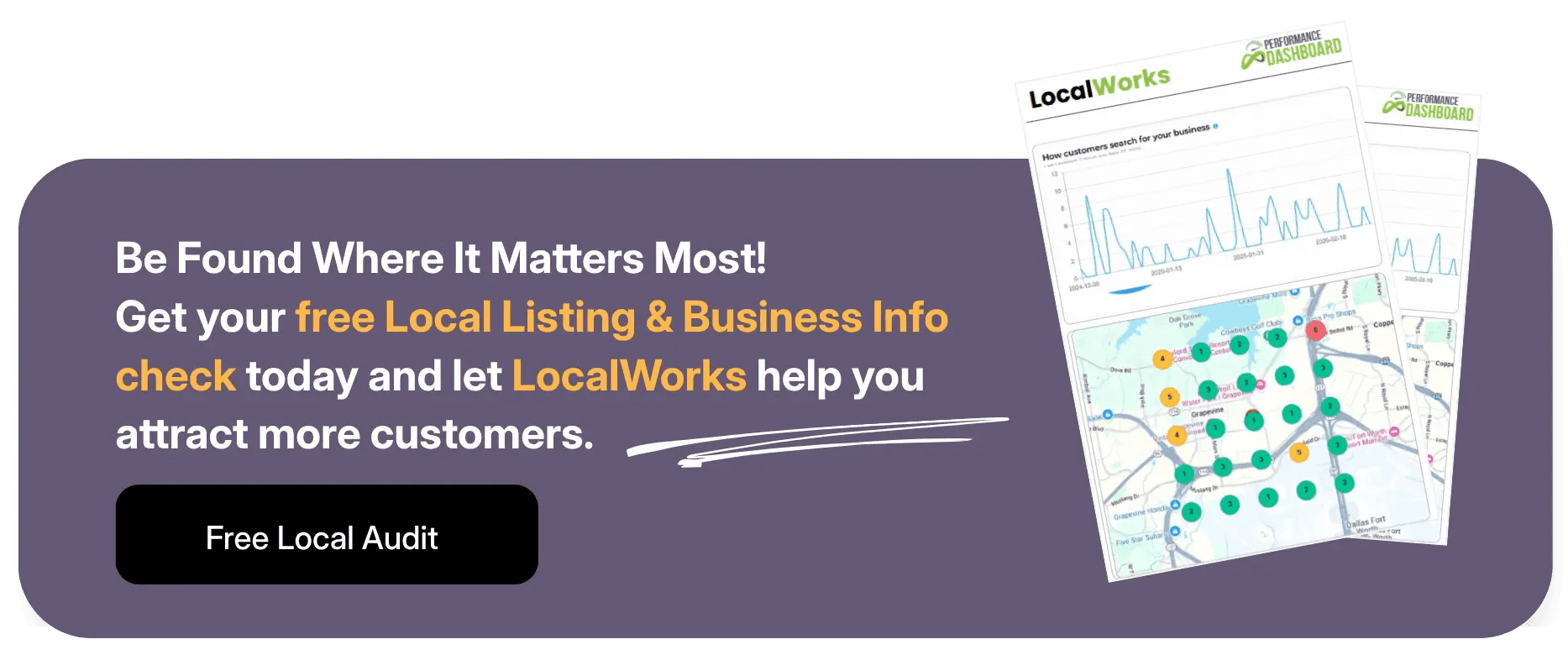 LocalWorks offer for a free local business listing audit and performance dashboard.