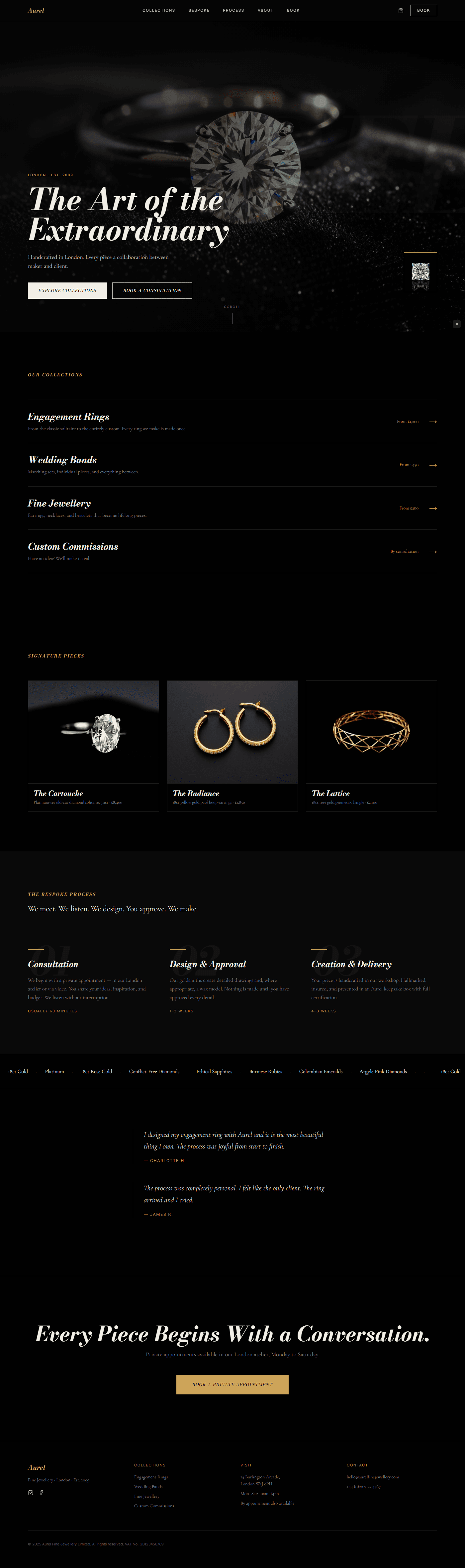 Full preview of a luxury jewellery website with a pure black background and metallic gold accents. Bodoni Moda italic headlines, a floating gemstone detail card, and a continuous materials marquee give the site a silent, editorial feel.