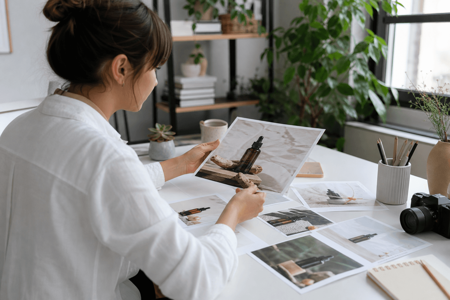 A marketer at a desk reviewing multiple ad variations made from one product photo