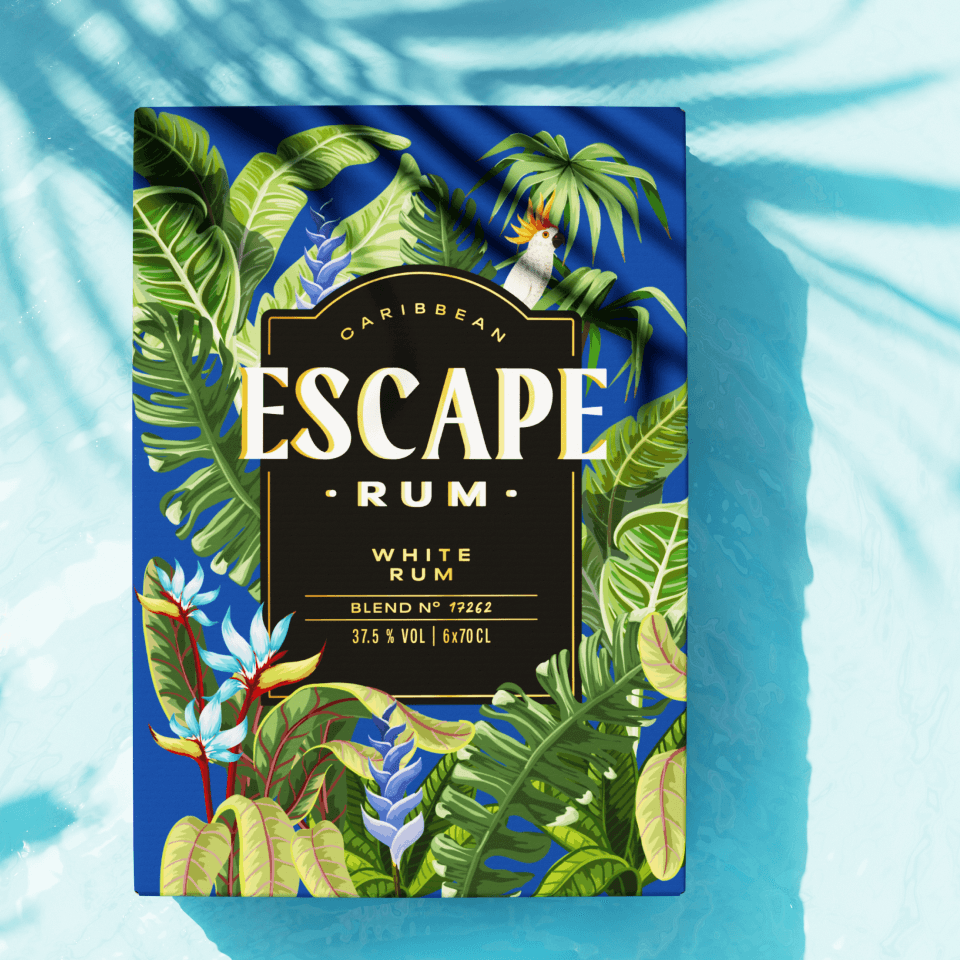 Escape Rum Packaging Design – Boxen-Komposition mit tropischem Motiv