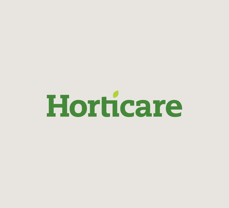 Horticare logo with a leaf as the dot of the 'i'.