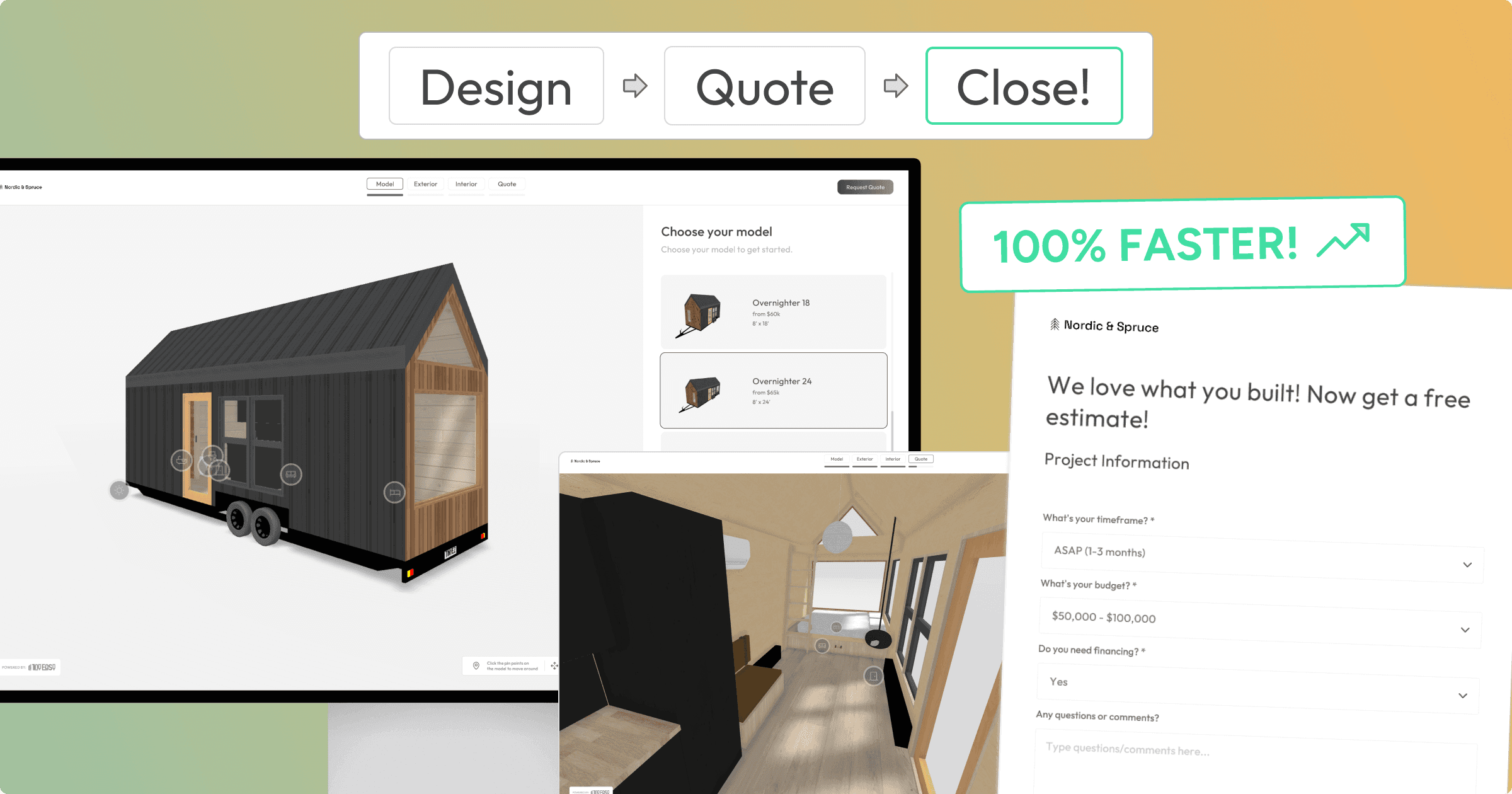 An image that shows a comparison between an email correspondence about tiny home inquiries vs. what a 3D sales configurator can do.