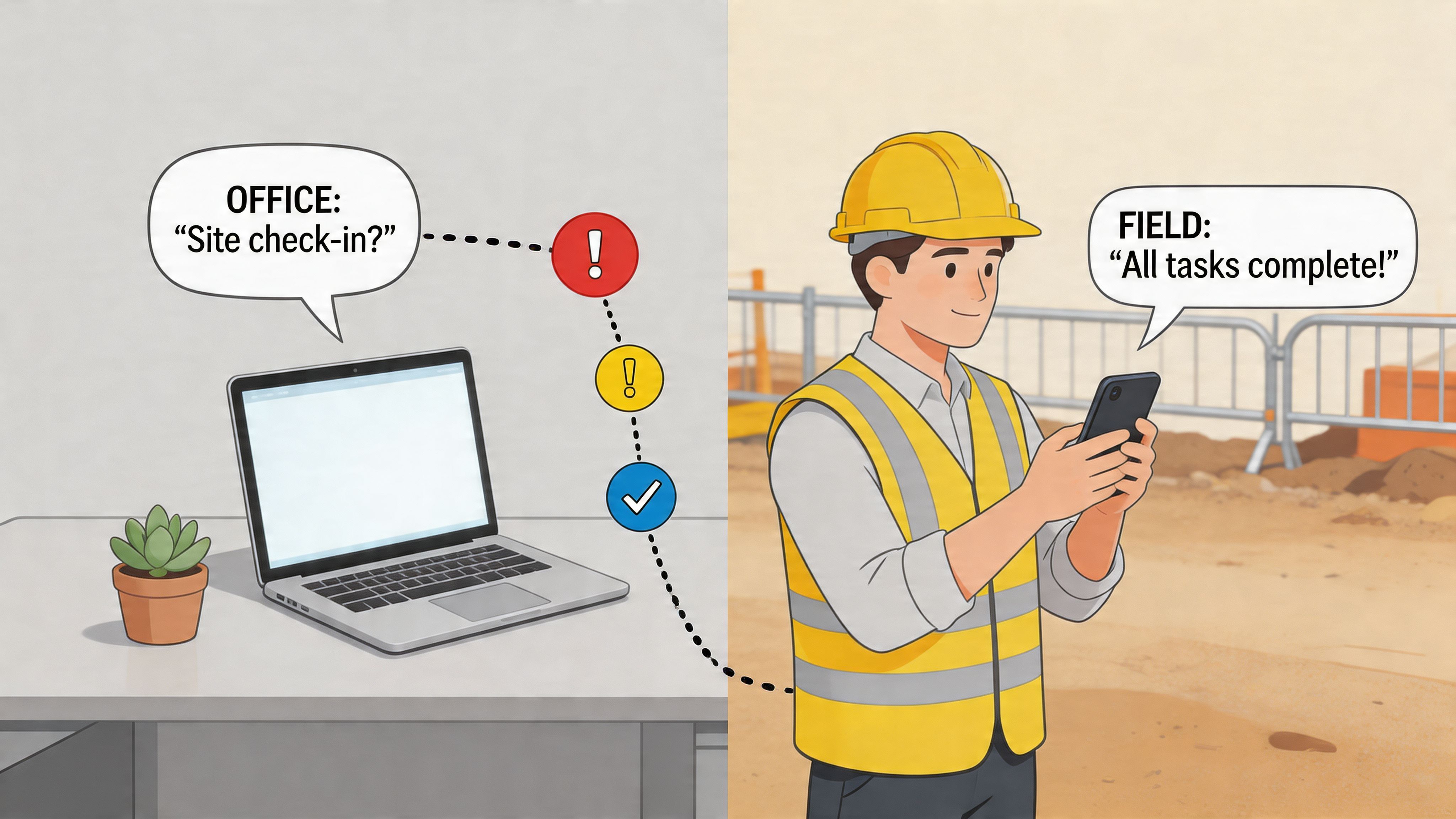 A digital illustration showing communication between an office laptop and a construction site worker using a phone.