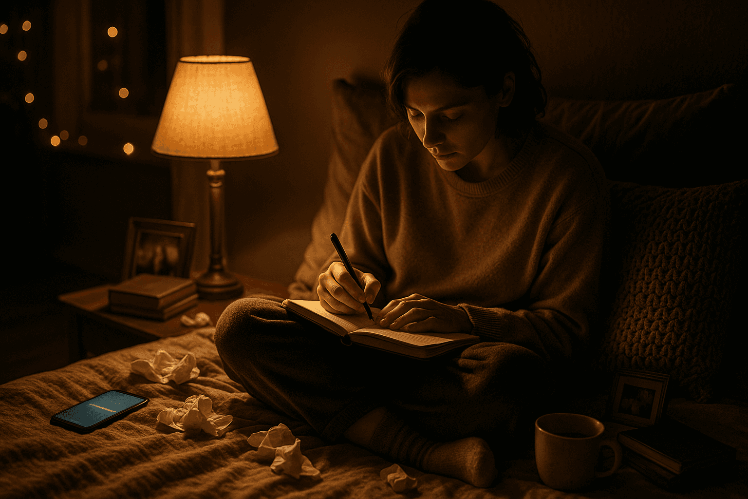 Person writing in journal at night with supportive message visible on phone screen beside them, creating safe space for emotional expression