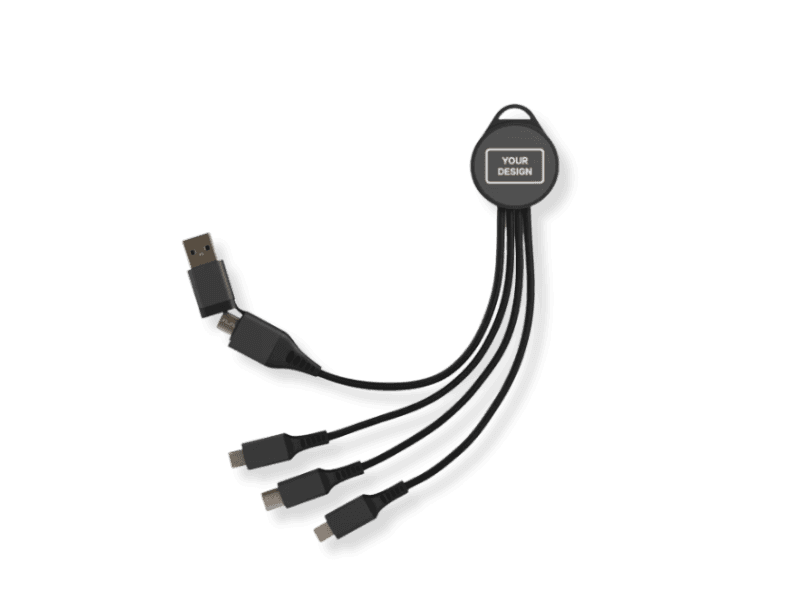 Recycled aluminum charging cable with USB-A, USB-C, Lightning connectors.