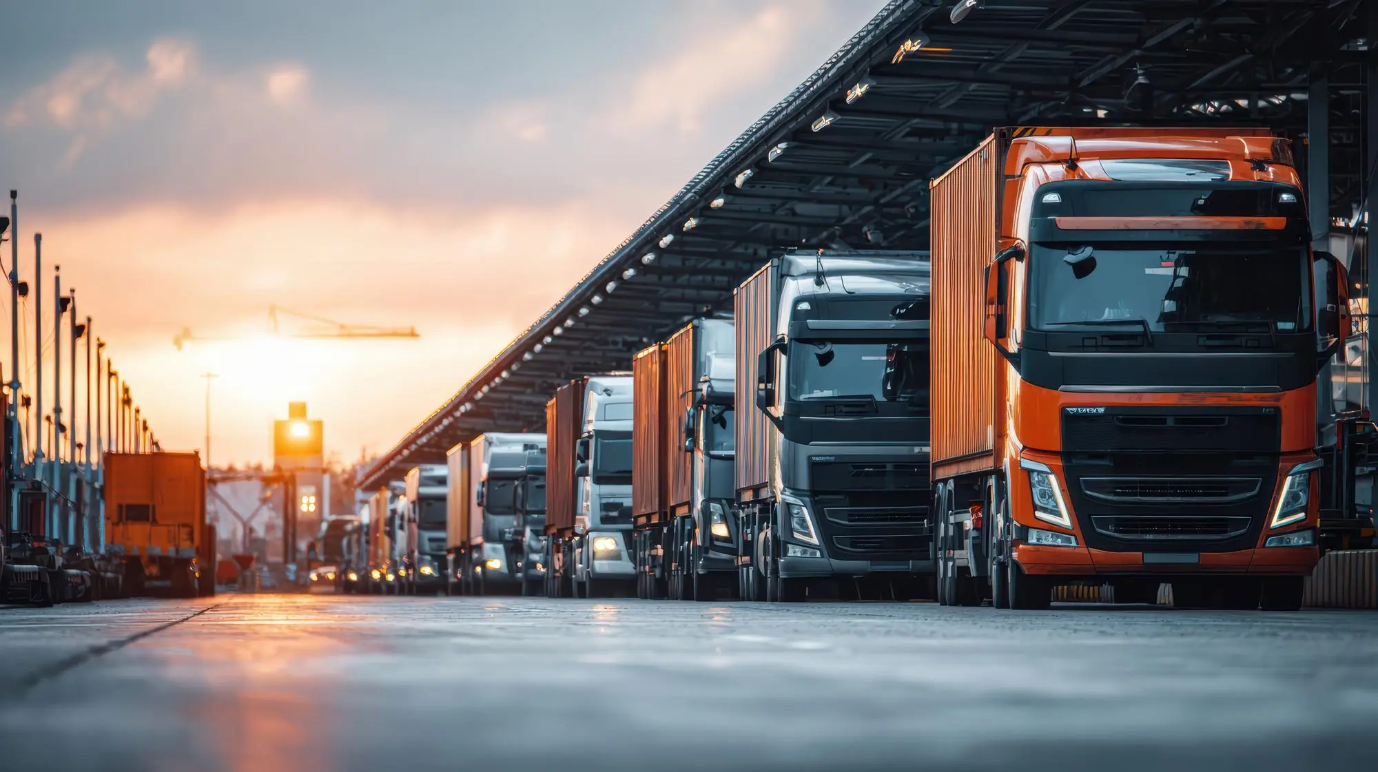 Row of freight trucks parked at a warehouse loading dock at sunset