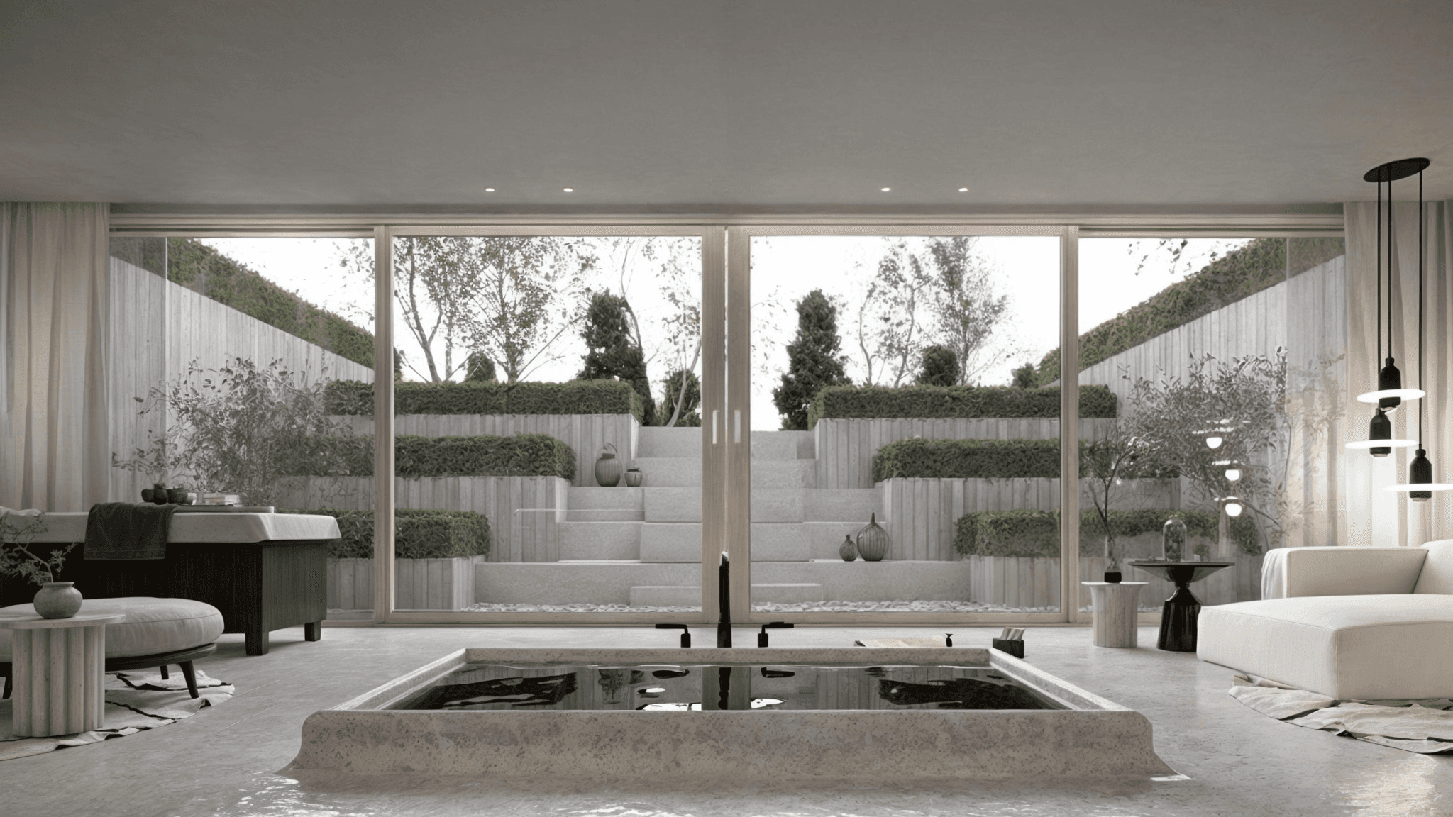 Wellnessruimte met grote raampartij en ligbanken, gericht op uitzicht over het landschap.