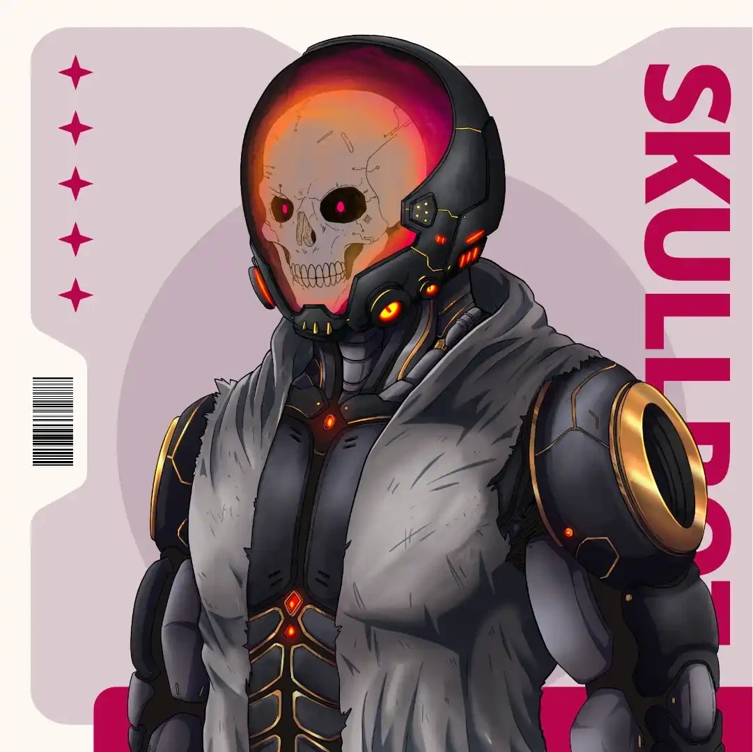 Sci-fi themed PNGTuber character with robotic skull design and futuristic armor, illustrated in detailed anime style