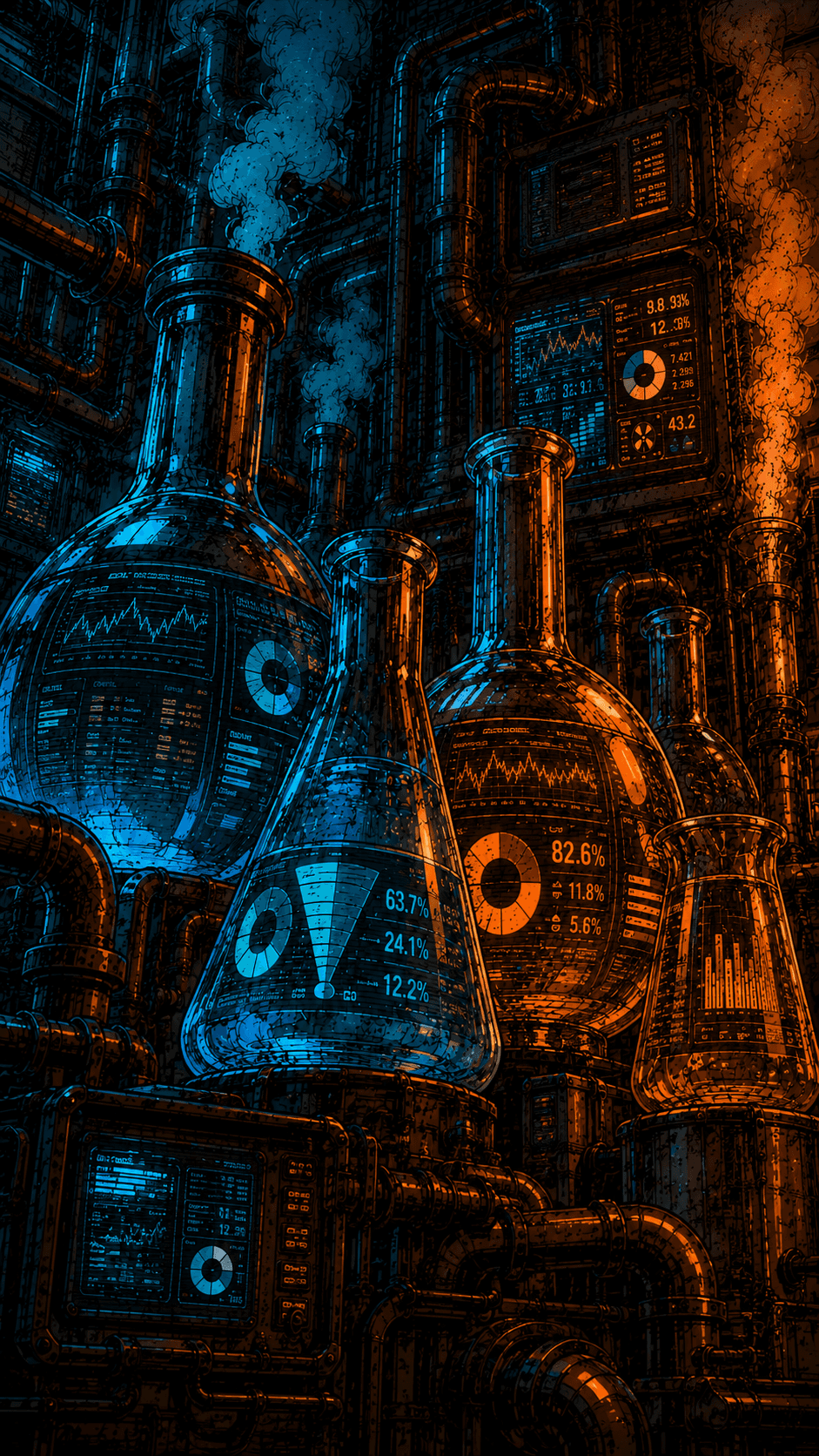 Chemistry beakers with marketing dashboards in the reflection of the glass