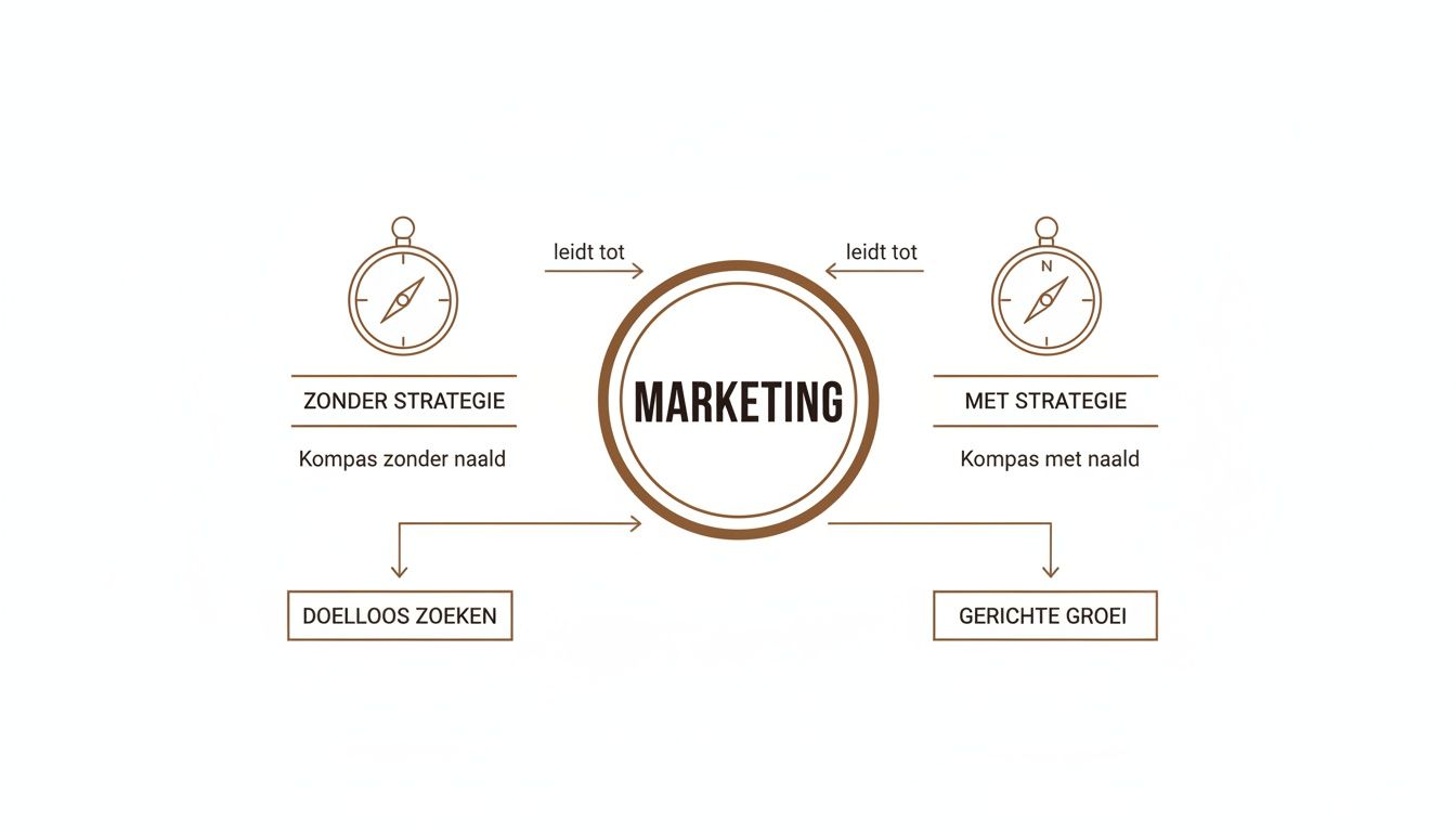 Deze infographic illustreert hoe marketing zonder strategie leidt tot doelloos zoeken en met strategie tot gerichte groei.