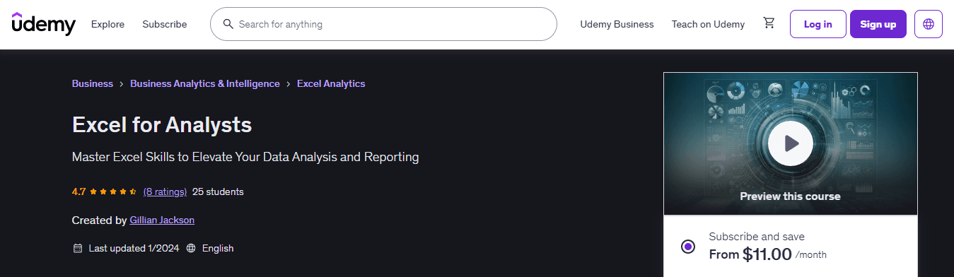 Udemy Excel Courses for Analysts