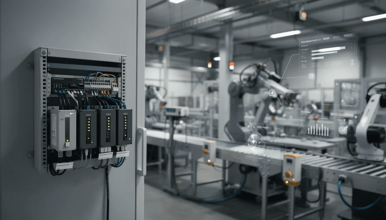 The image depicts an industrial IoT edge computing setup featuring compact physical servers strategically placed within a manufacturing environment, showcasing the integration of digital technologies and infrastructure to enhance data processing and improve efficiency. This setup highlights the role of edge computing in managing internet traffic and enabling low-latency connectivity for businesses.