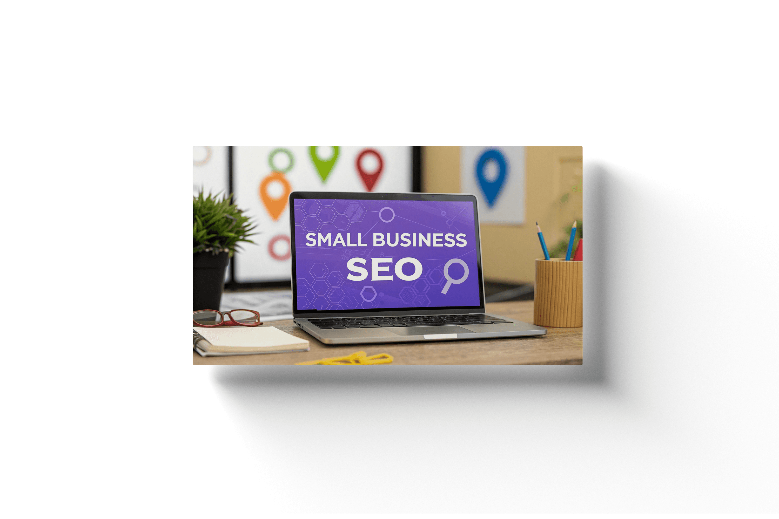 a laptop showing a purple screen with the text 'small business seo' on screen