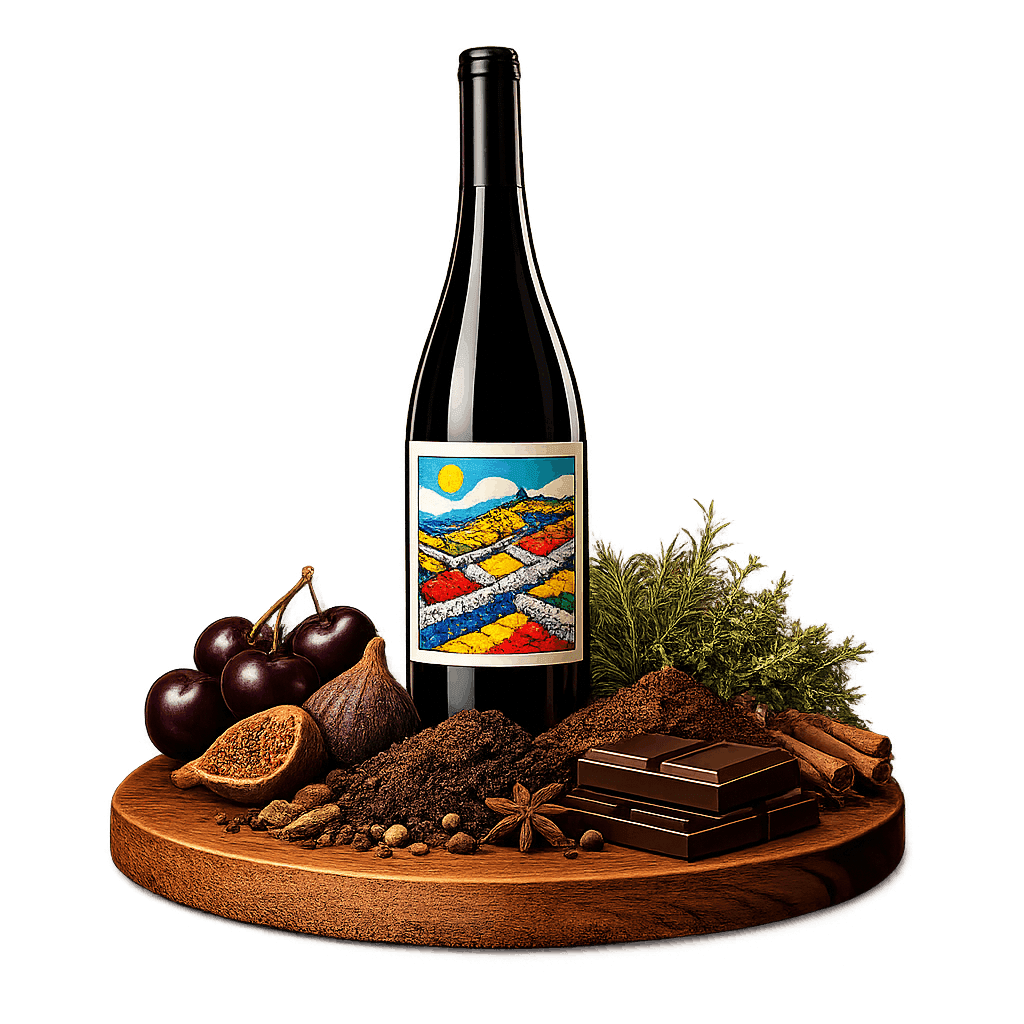 Artistic label and flavor profile for Dalmatian Babic on a rustic wooden table.