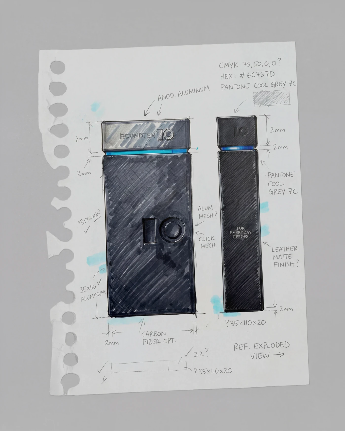 Sketch and exploded-view notes of the Roundten box on torn paper, packaging design by Sebastian Saavedra