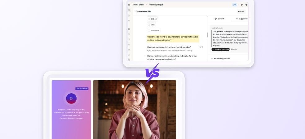Strella AI Dashboard vs Decode Dashboard in AI Moderator