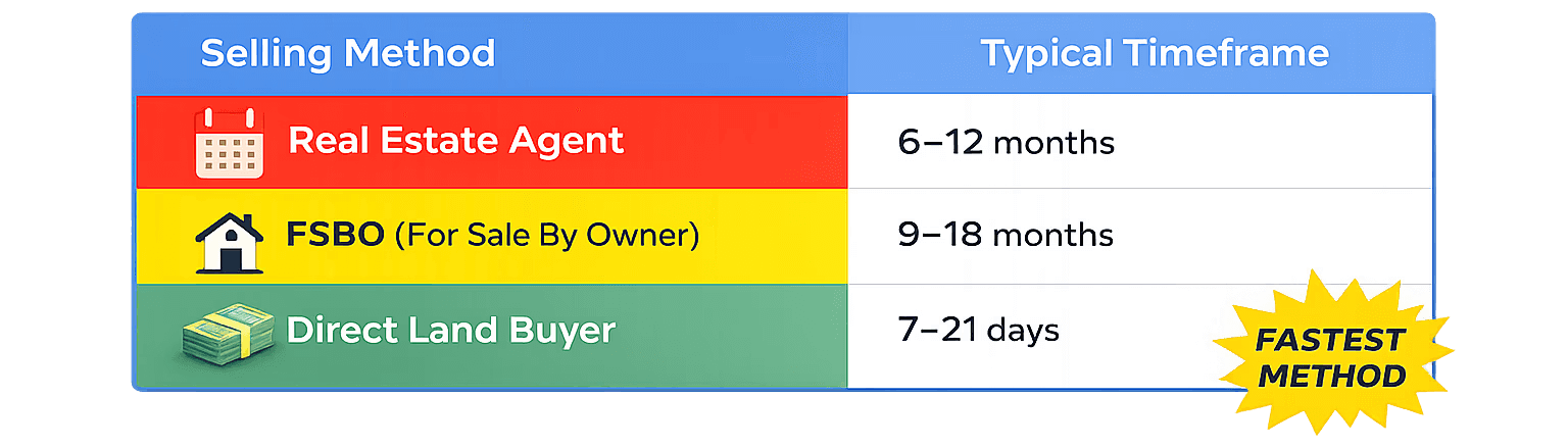 Vacant land for sale illustrating how long it takes to sell land depending on market conditions and selling method