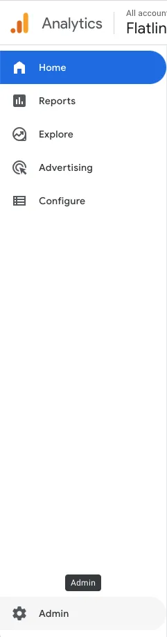 Google Analytics 4 side menu with the Admin link at the bottom left