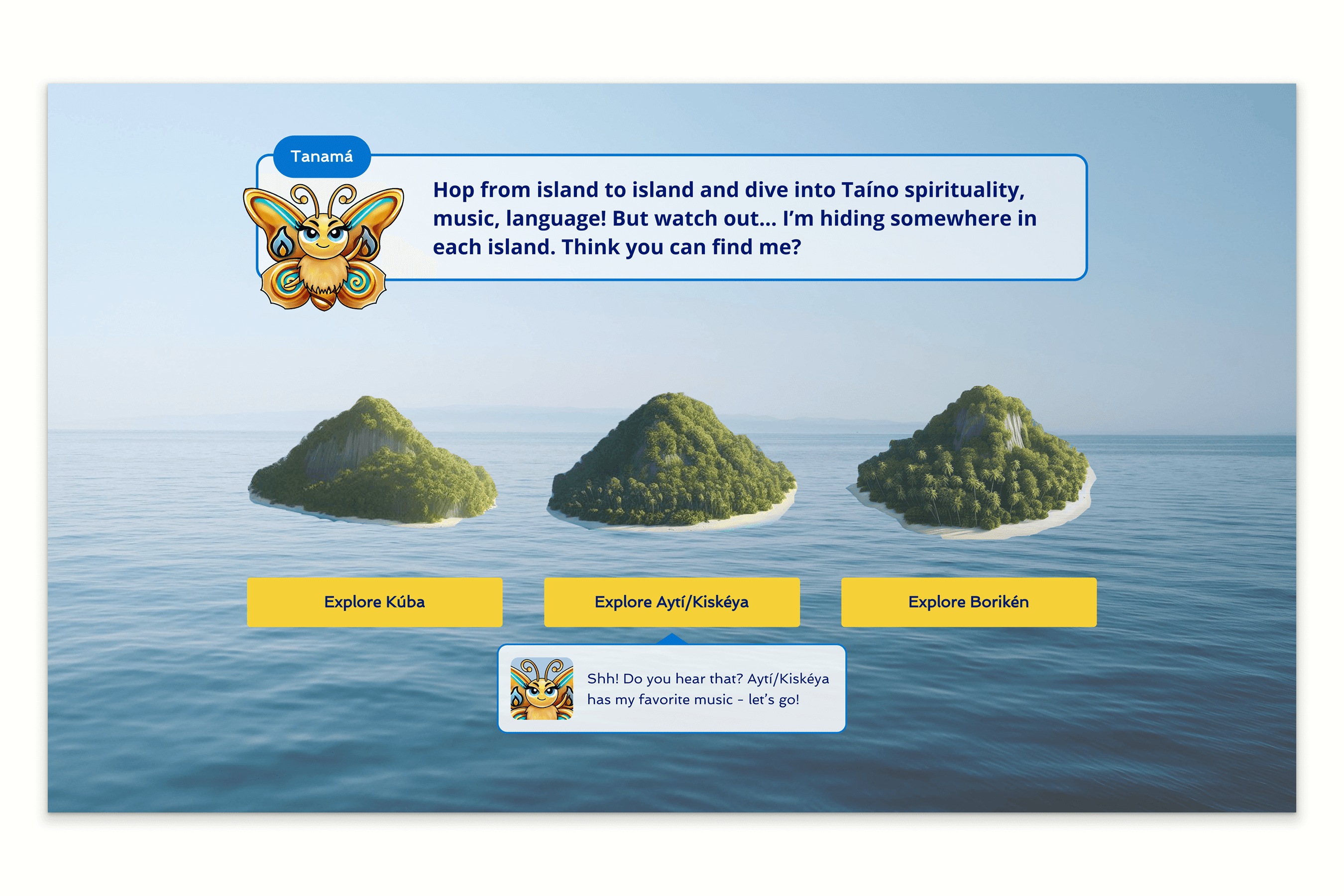 Older hero design showing tooltips that appear when users hover over each island’s button.