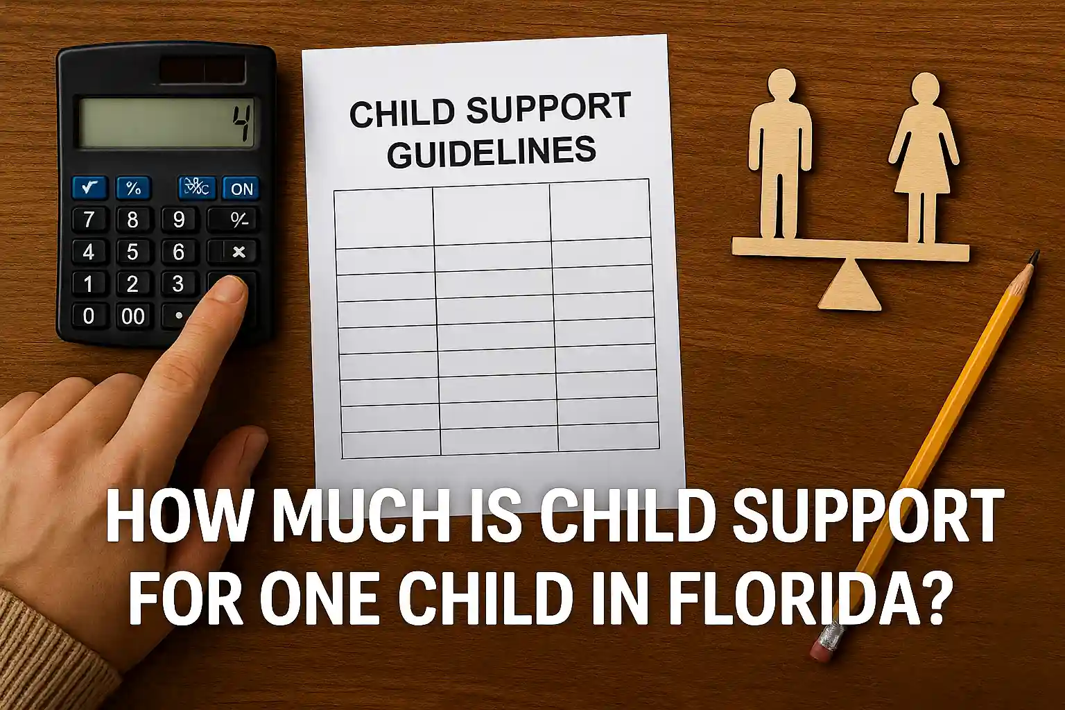 How much is child support for one child in Florida? image showing a calculator and a ‘Child Support Guidelines’ worksheet on a desk, with parent figures on a balance scale and the headline text overlaid.