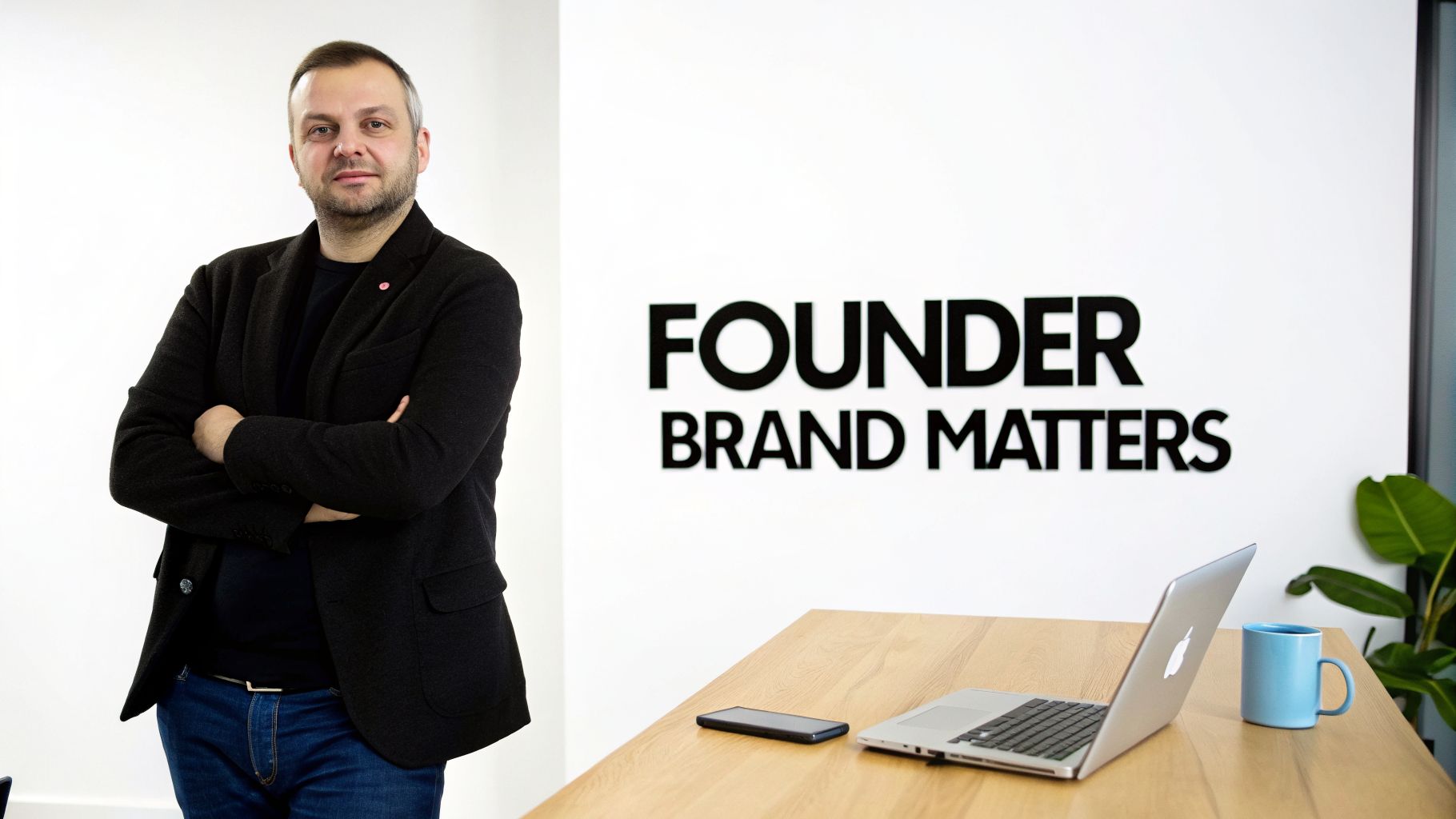 A professional man stands confidently in an office with a 'FOUNDER BRAND MATTERS' sign, a laptop, and mug.