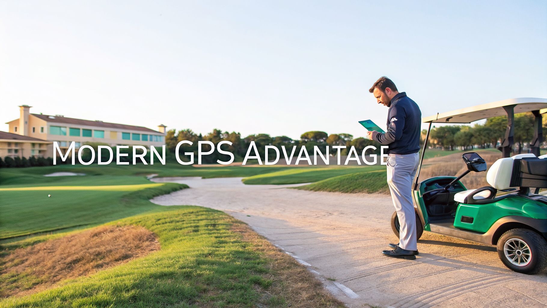 A man on a golf course uses a tablet, standing by a green golf cart, with text 