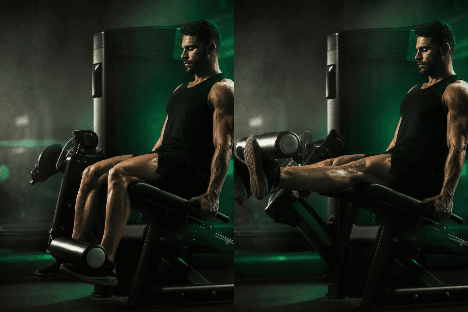 Comparison of the deep stretched bottom position versus the contracted top position of a leg extension