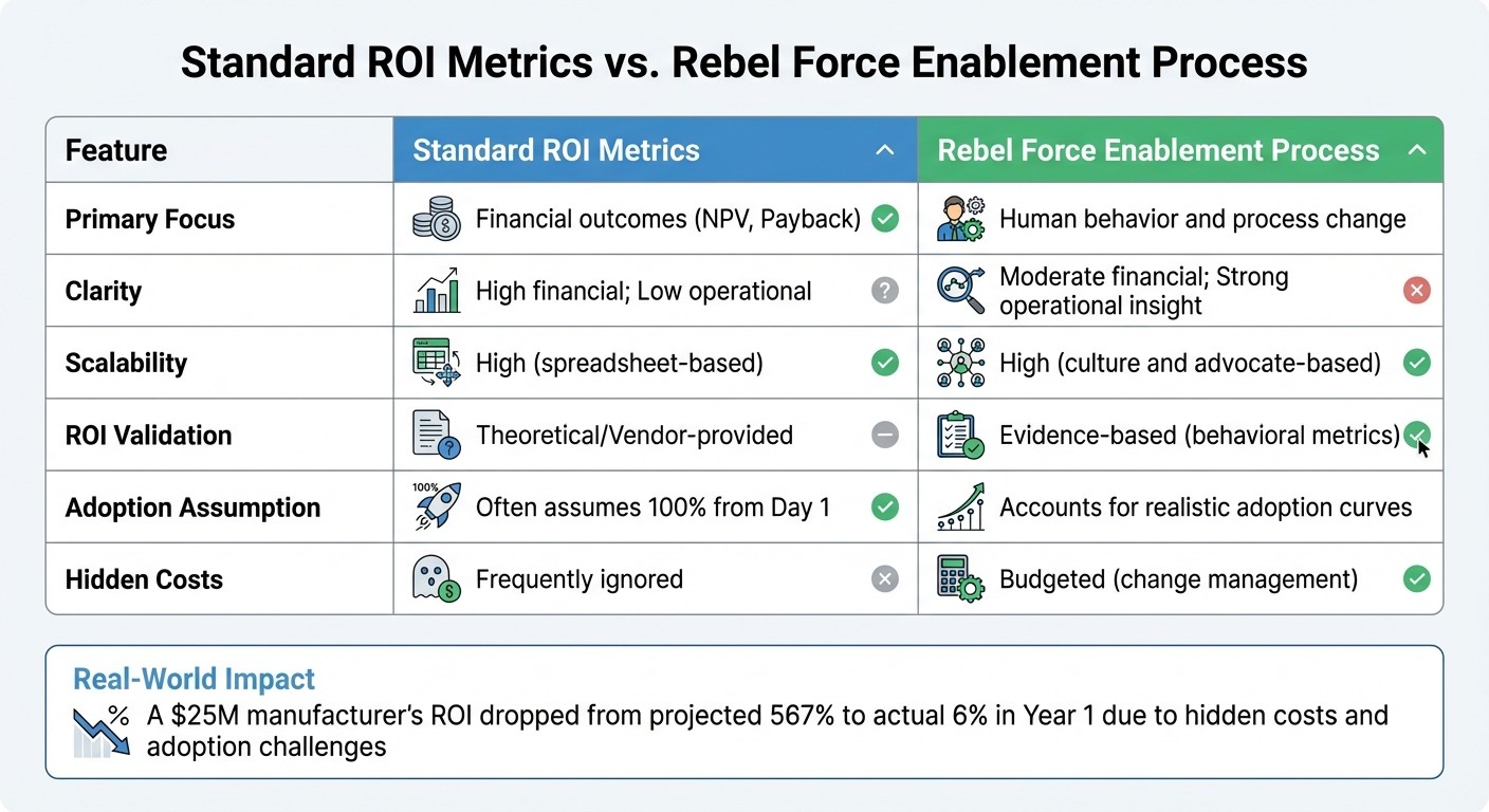 Standard ROI Metrics vs Rebel Force Enablement Process Comparison
