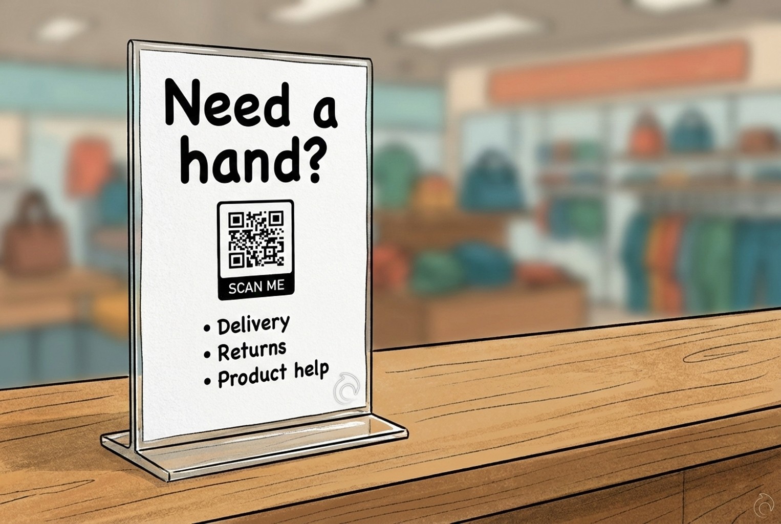Printable counter sign inviting customers to scan a QR for delivery, returns, or product help