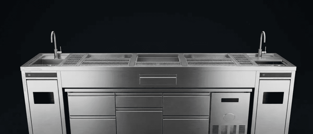 stainless steel bar station with integrated refrigerator drawers
