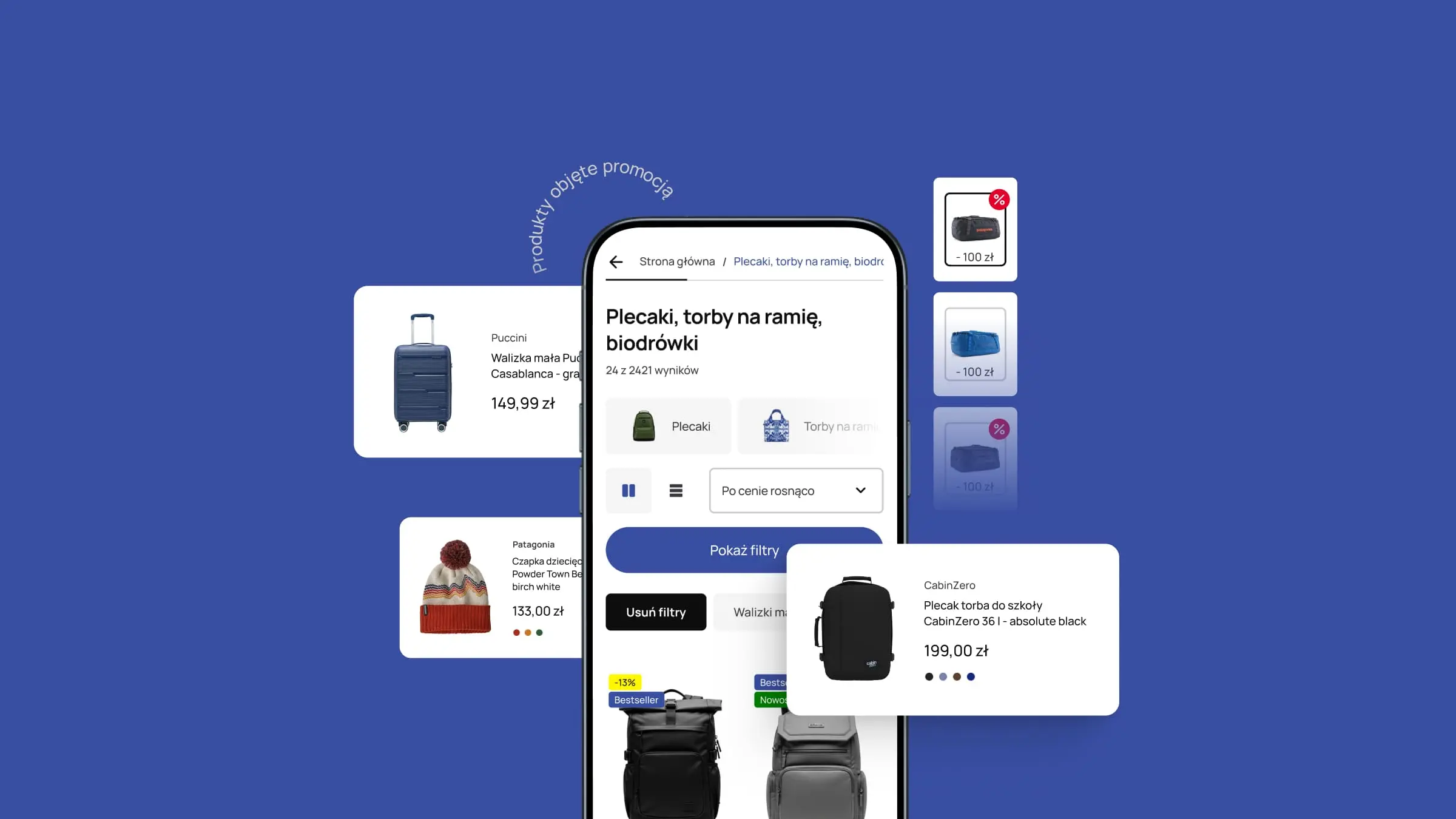 Mobile UI design showcase for Equip.pl e-commerce, featuring product listing screens and travel accessory cards on a blue background.