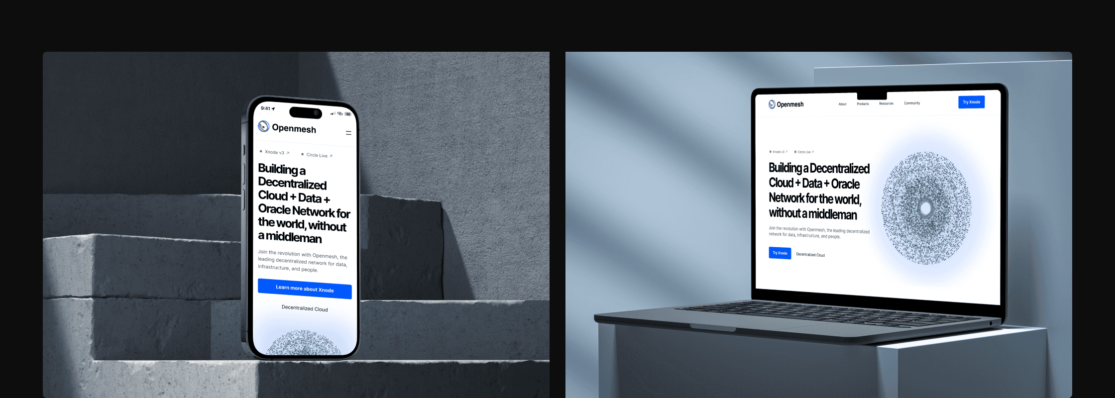 Preview of the Openmesh website in mobile and desktop versions.