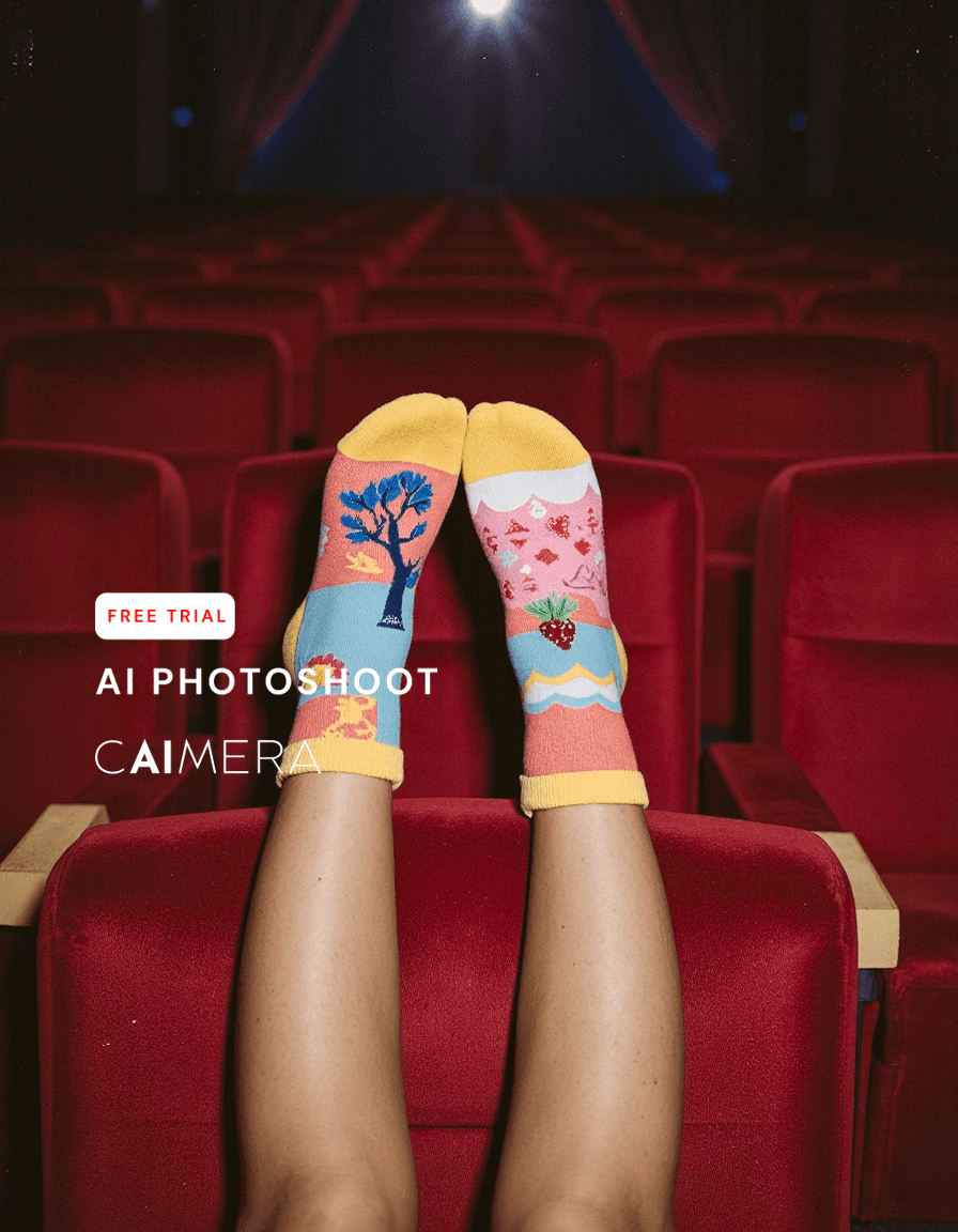 Colorful patterned socks resting on red theater seats in an empty cinema, legs propped up with screen and curtains visible in background