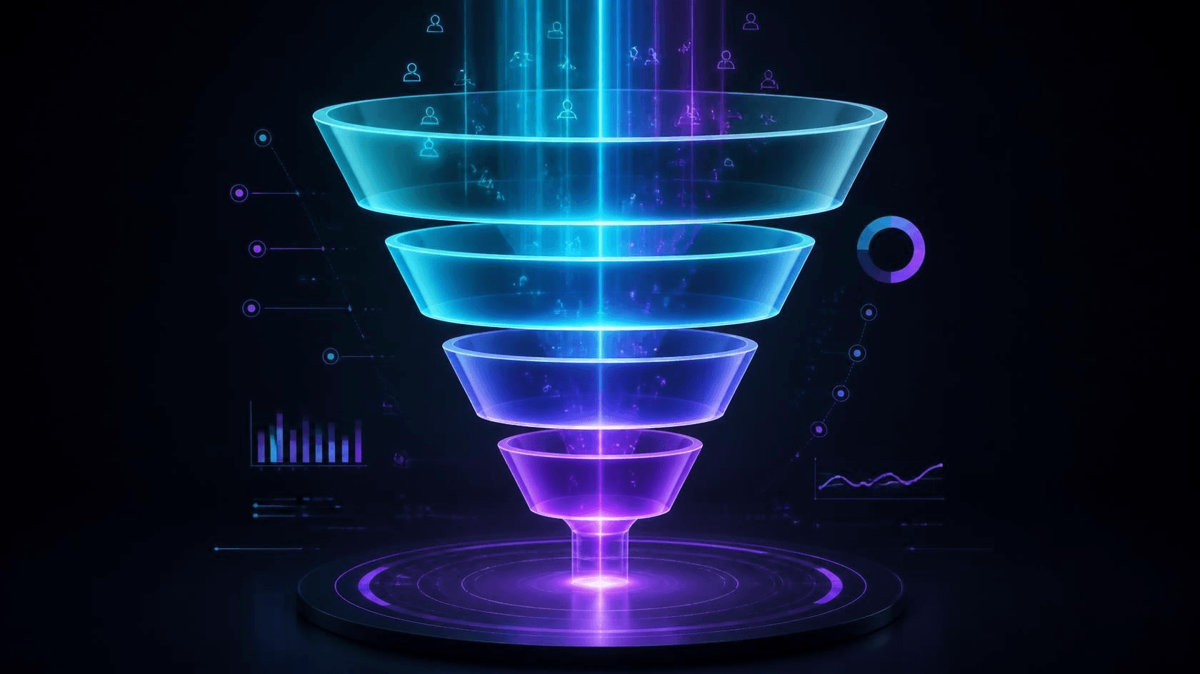 Funil de vendas digital em 3D com luzes neon