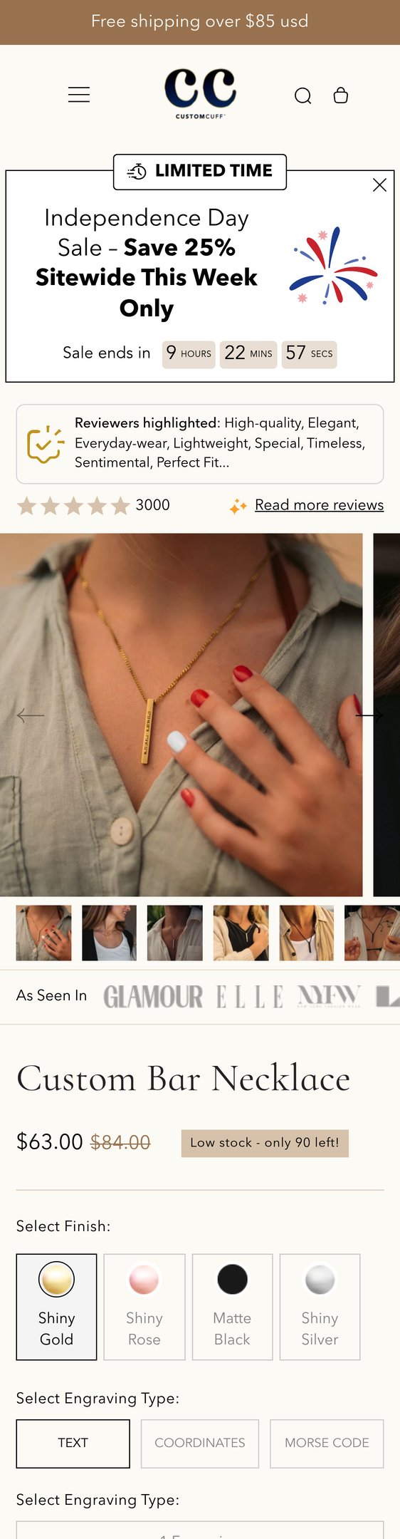 Jewelry product options include: necklace for Custom Bar Necklace from Customcuff.