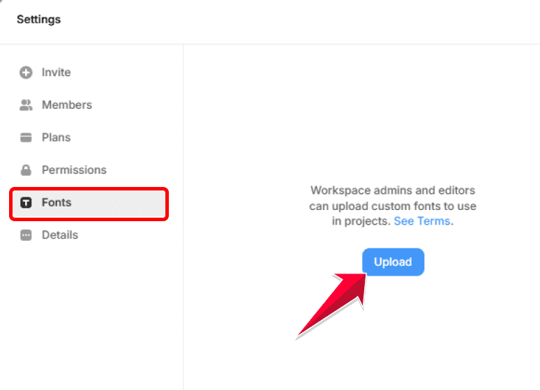 Section Fonts des paramètres Framer pour importer une police personnalisée dans le workspace
